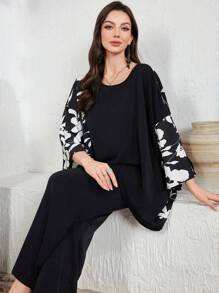 Lacomfia Women's Casual Color Block Round Neck Top With Loose Fit Pants, 2 Pieces Set