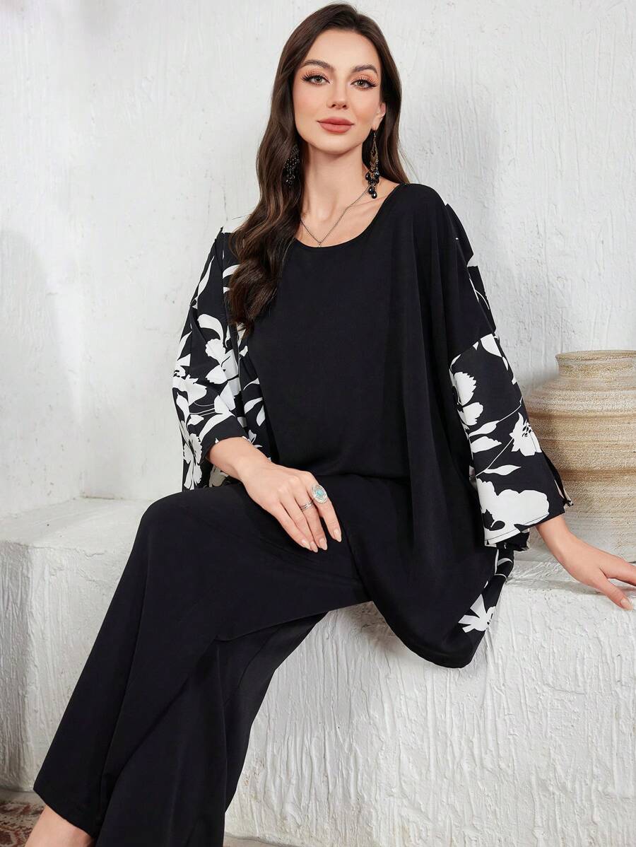 Lacomfia Women's Casual Color Block Round Neck Top With Loose Fit Pants, 2 Pieces Set