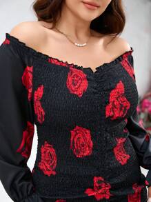 SHEIN VCAY 大码度假和情人节黑色和红色花卉印花露肩长袖超长抽绳连衣裙，性感新年 - 黑色 - 查看 6