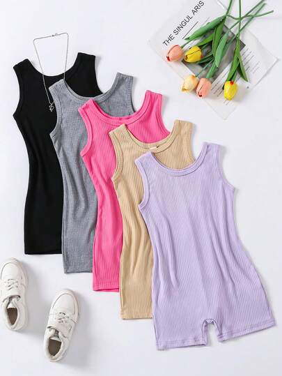 SHEIN Young Girl's Solid Color Strap Fitted Romper