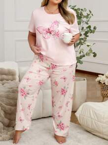 Conjunto de pijama de manga corta con estampado de mariposas y flores para talla grande