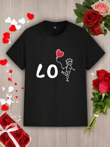 Manfinity Homme Casual Fashion Funny Interactive Cartoon Character Graphic Print Couple T-Shirt, Slim Fit Short Sleeve For Men, Suitable As A Gift For Boyfriend - Black - View 3