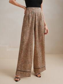 Anewsta 优雅休闲佩斯利花纹豹纹宽裤 - 卡其色 - 查看 7