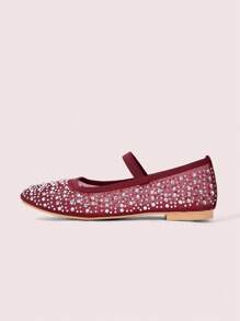 CUCCOO DOLLMOD Fashionable Wine Red Rhinestone Mesh Burgundy Mary Jane Flats, Cute & Sweet For School Students Valentine's Day