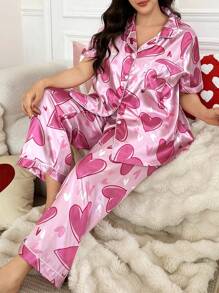 Conjunto de pijama de talla grande de manga corta y pantalón largo con estampado de corazón en tela de seda sintética