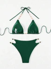 Swim SXY 2pcs/Set Women's New Summer Holiday Chain Linked High-End Sexy Strap Triangle Bikini Set, Festival Boho