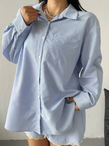 Flirla Plus Size Striped Loose Shirt With Lace Waist Drawstring Shorts 2 Pieces Set - Multicolor - View 6