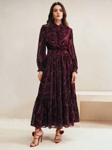 Anewsta 女士立领灯笼袖碎花植绒裙优雅套装，高端派对新年装 - 酒紅色 - 查看 5