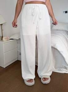 Flirla Plus Size Women Textured Wide Leg Casual Pants, Spring/Summer - White - View 6