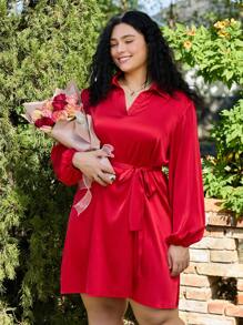 SHEIN EZwear Vestido camisa con lazo en la cintura, nuevo para primavera, color rojo, en tallas grandes - Rojo - Ver 1