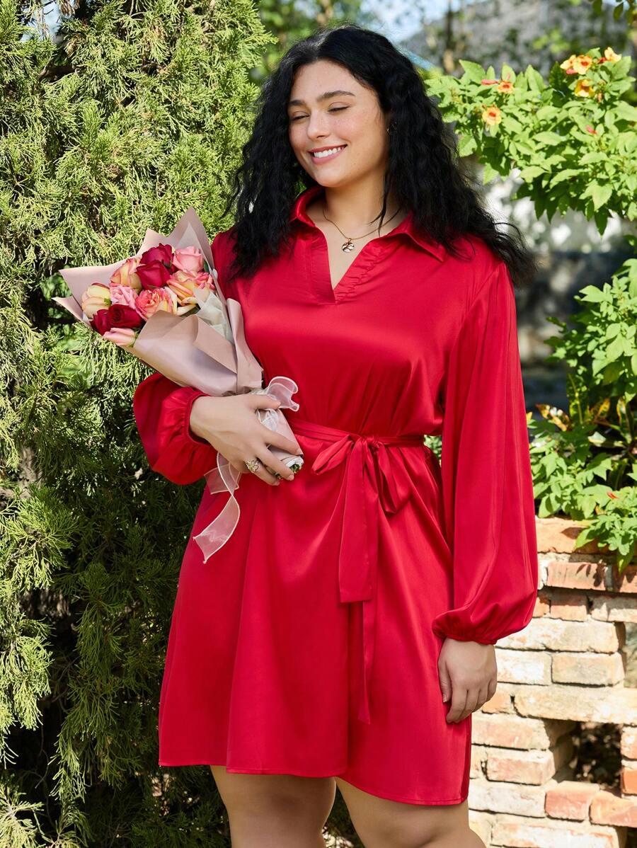 SHEIN EZwear Vestido camisa con lazo en la cintura, nuevo para primavera, color rojo, en tallas grandes - Rojo - Ver 1