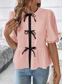 SHEIN Clasi Women's Summer Colorblock Tie Front Short Puff Sleeve Ruffle Hem Cute Peter Pan Collar Blouse - Pink - View 5