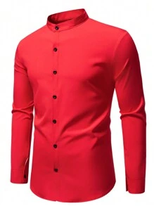 Manfinity Mode Men's Casual Solid Color Stand Collar Shirt, Autumn