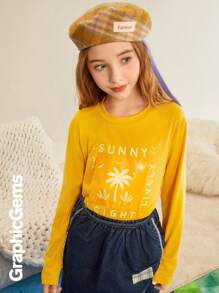 Tween 女童字母印花圆领长袖休闲宽松 T 恤，秋季 - 芥末黃 - 查看 4