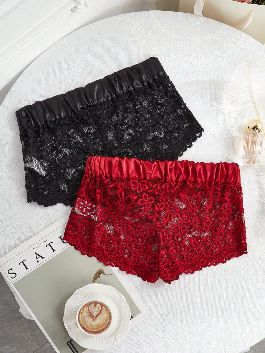 2pcs Set Sheer Lace Sexy Sleepwear Shorts - Multicolor - View 1