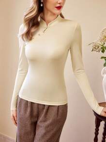 Vintamour 复古优雅女式立领长袖T恤，修身款，杏色长袖上衣新年女装冬装女士优雅复古服装情人节外出上衣休闲中国新年 - 杏色 - 查看 6