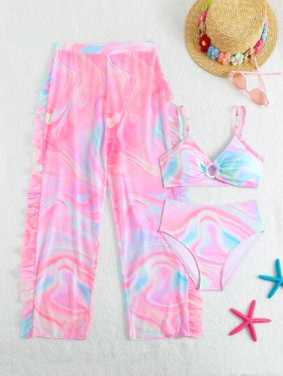 SHEIN 3pcs/Set Cute Tween Girl Colorful Front Ruched Mesh Swimwear (Printed Random)