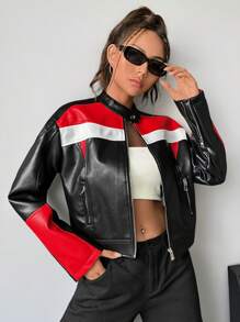 SHEIN Coolane 撞色拉鏈開襟PU皮革夾克 - 黑色 - 查看 5