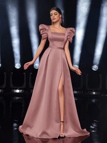 Glamrae Vestido formal elegante de línea A con abertura alta, cuello cuadrado y mangas abultadas, adecuado para citas, fiestas de solteros, bodas, eventos y ocasiones formales, vestido para invitada de boda, vestido de fiesta, vestido de noche, vestido de gala
