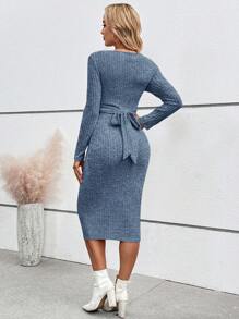 SHEIN Đầm bầu cổ tròn dài tay thường ngày, mặc hàng ngày - Xanh đậm - Xem 3