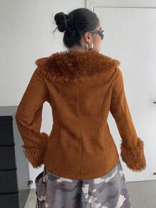 POPSWAY Plus Size Fashionable Jacket, Suitable For Autumn/Winter Back To School, Daily Wear, Campus Style, Stylish, Casual, V-Neck Design Slightly Sexy And Appealing - Brown - View 2