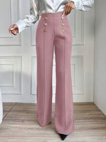 SHEIN Cottnline 女式纯色纽扣直筒休闲裤 - 藕粉色 - 查看 6