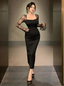 DAZY Women's Summer Drape Design Muse Dress Sheer Mesh Patchwork Twist Knot Dress, Valentine's Day Prom Dress