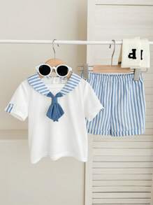 SHEIN Leap Crew 2pcs Baby Boy/Girl Navy Collar Short Sleeve Henley Top & Elastic Waist Striped Shorts Set - Blue and White - View 3