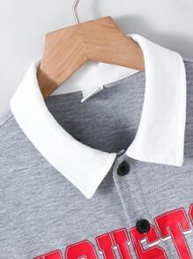 青少年男孩休闲 Polo 衫，带领和字母图案，短袖，适合秋季、春季、夏季、户外玩耍、学校、街头装、派对和休闲 - 灰色 - 查看 3