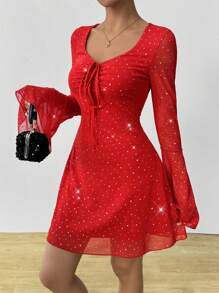 Zolique Sexy Y2K Metallic Mesh V-Neck See-Through Black Flare Sleeve Dress Fall Cloth For Women - Red - View 4