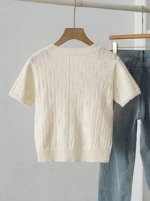 SHEIN Unity Spring & Summer White Floral Embroidered Hollow Casual Cute Knit Top - White - View 2