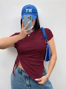 Coolane 大码抽绳侧不对称短款 T 恤，修身款，夏季 - 酒紅色 - 查看 2