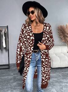 SHEIN LUNE Mid-Length Leopard-Printed Casual Cardigan, Autumn/Winter - Multicolor - View 3