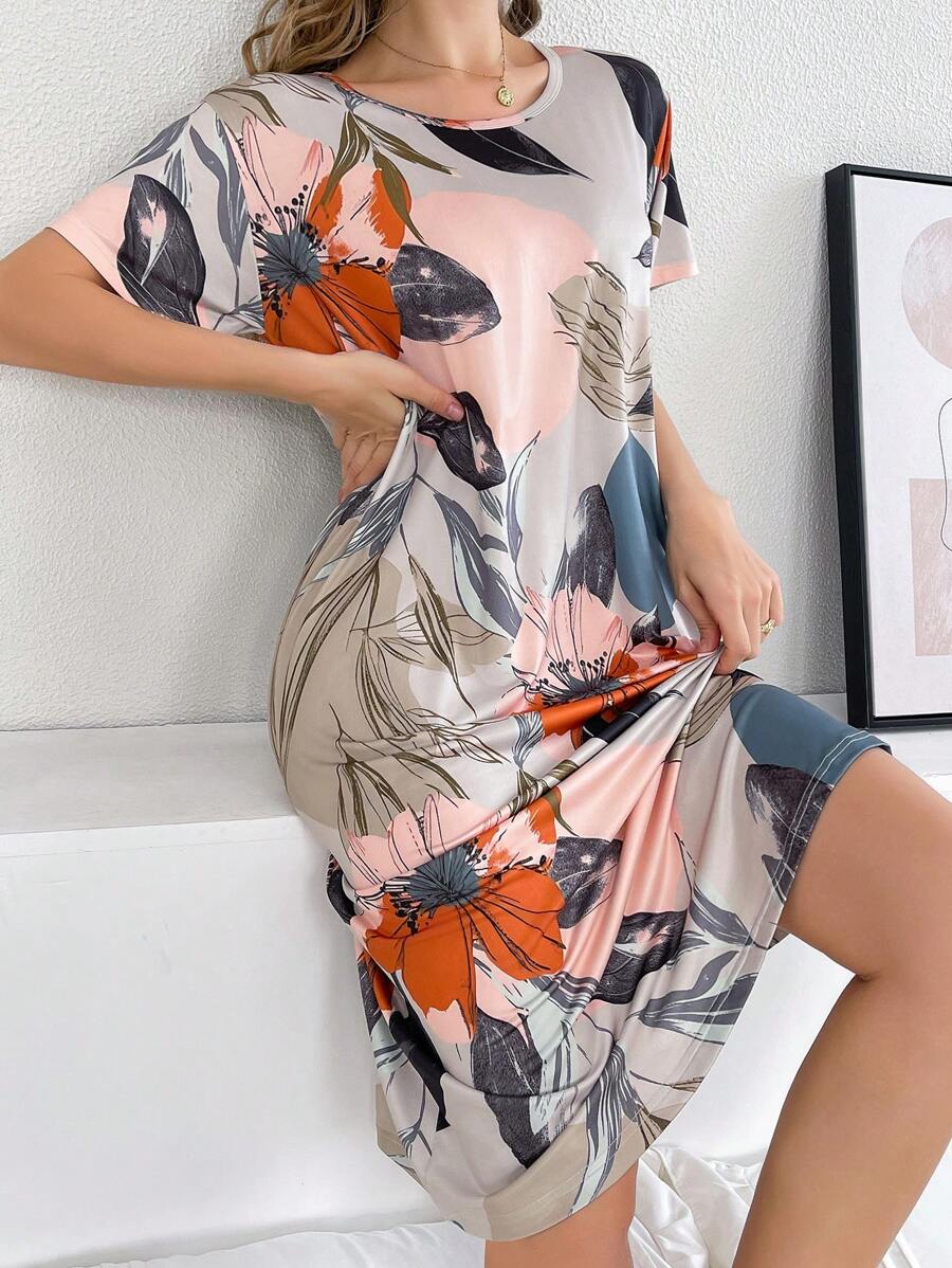 SHEIN Elegant Women's Round Neck Loose Fit Floral Print Short Sleeve Nightgown Perfect Summer, Moo Moo - Multicolor - View 1