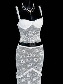 SHEIN ICON Ensemble chemisier et jupe transparents en dentelle sexy pour femmes, blanc