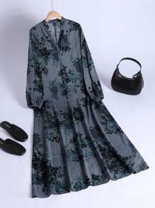 Lacomfia Sukienka damska w stylu arabskim z dekoltem w serek i kwiatowym nadrukiem, skromna