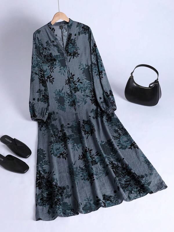 Lacomfia Women's Floral Print V-Neck Lantern Sleeve Arabian Style Dress,Modest