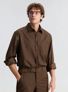 Ontre Men's Spring Brown Button-Down Long Sleeve Shirt, Fashionable Minimalist, Suitable For Valentine's Day Date, Holiday, New Year Party, Business Casual - Chocolate Brown - View 1