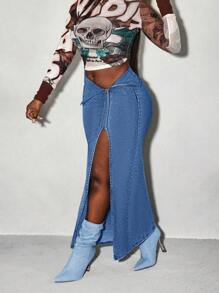SHEIN SXY Women's Side Zipper Design High Slit Hem Long Denim Skirt - Blue - View 5