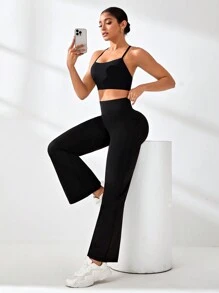 Eassivo Eassivo 女士纯色高腰口袋简约休闲运动裤 - 黑色 - 查看 4