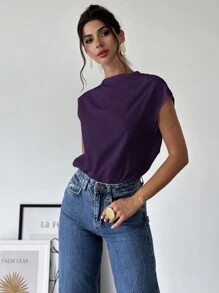 Firerie 女士优雅简约商务办公室漏斗领不对称肩部褶皱修身衬衫 - 紫色 - 查看 7