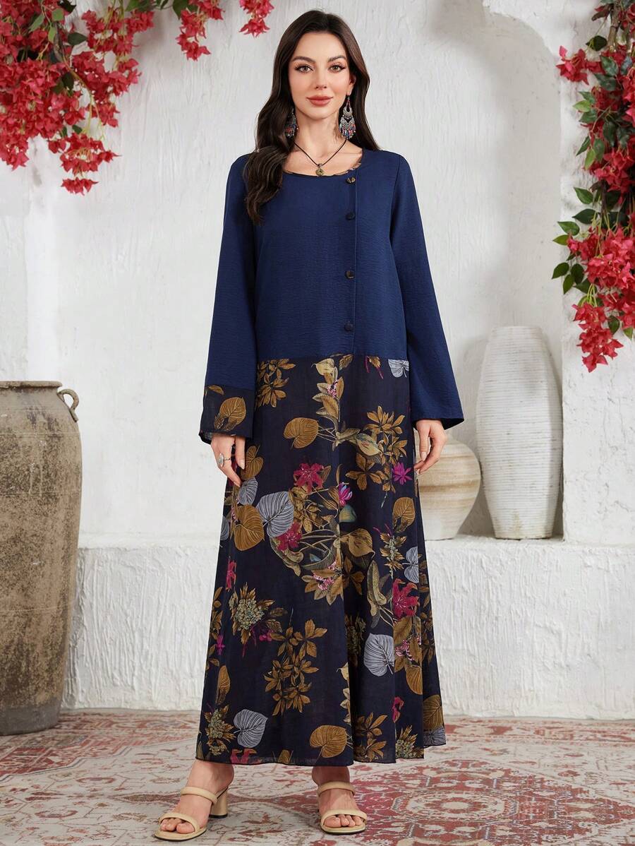 Lacomfia 女士休闲成熟拼布印花宽松连衣裙 - 藏蓝色 - 查看 1