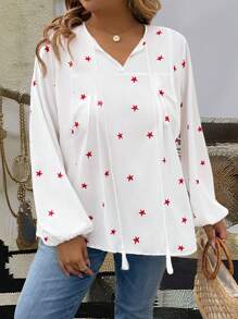 SHEIN LUNE Plus Size Women's Five-Star Print V-Neck Tie Front Long Sleeve Casual Shirt, Spring/Summer - Red and White - View 3