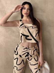 SHEIN Frenchy 2pcs/Set Women's Casual Line Pattern Square Neck Camisole Top And Pants Set Brown Summer - Khaki - View 4