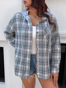 INAWLY Plus Size Women's Plaid Drop Shoulder Loose Hooded Coat With Pockets, Spring & Fall