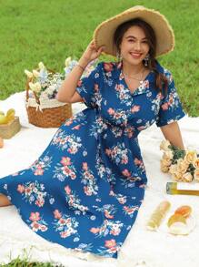 SHEIN LUNE Lange Freizeitkleid Große Größen für Damen mit Blume Muster, halber Knopfleiste, Hemdkragen, Taillenbund, Kurzarm - Blau - Übersicht 6