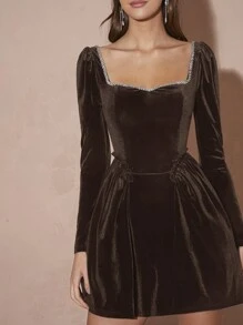 Enchnt 女士水钻饰边甜心领长袖迷你时尚连衣裙 - 咖啡棕 - 查看 8