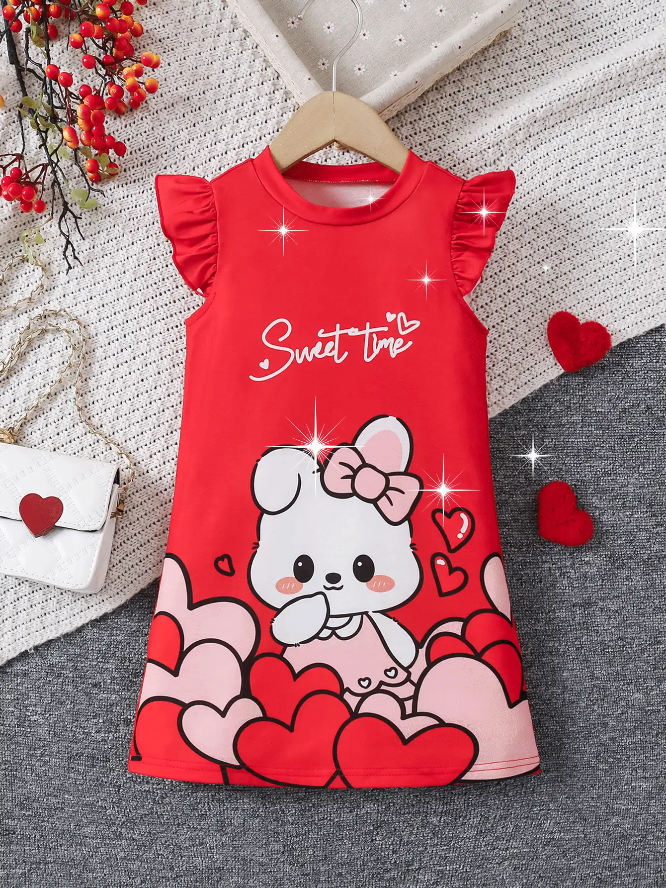 SHEIN Young Girl Rabbit Cartoon & Heart Pattern A-Line T-Shirt Dress For Valentine's Day - Multicolor - View 2