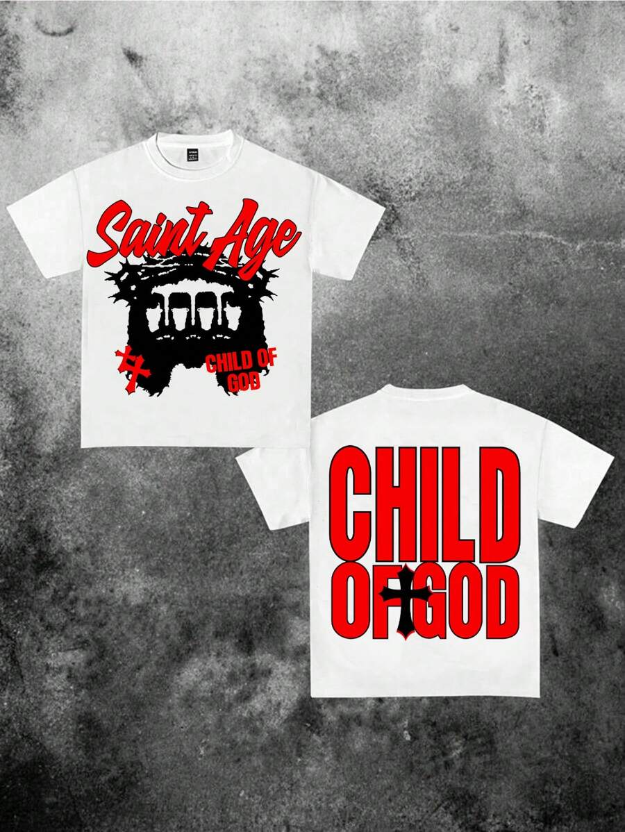 SHEIN Leap Crew CHILD OF GOD, SAINT AGE Teen Boy Casual Cartoon Print Short Sleeve T-Shirt, Suitable For Summer - White - View 1