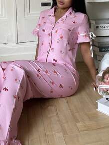 Women Floral & Butterfly Print Lapel Neck Short Sleeve Button-Up Top & Pants Pajama Set - Pink - View 3